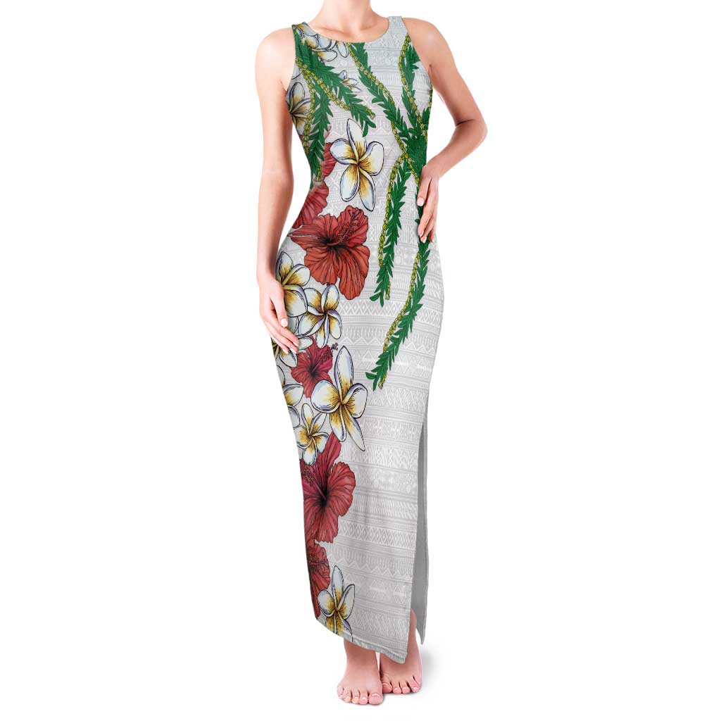 Hawaiian Tropical Flowers and Maile Pikake Tank Maxi Dress Polynesian Tribal Pattern White Color