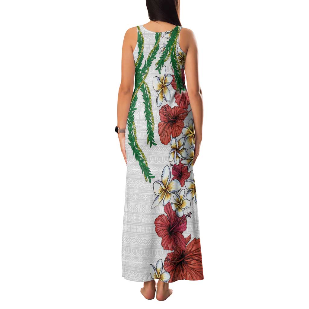 Hawaiian Tropical Flowers and Maile Pikake Tank Maxi Dress Polynesian Tribal Pattern White Color LT03 - Polynesian Pride
