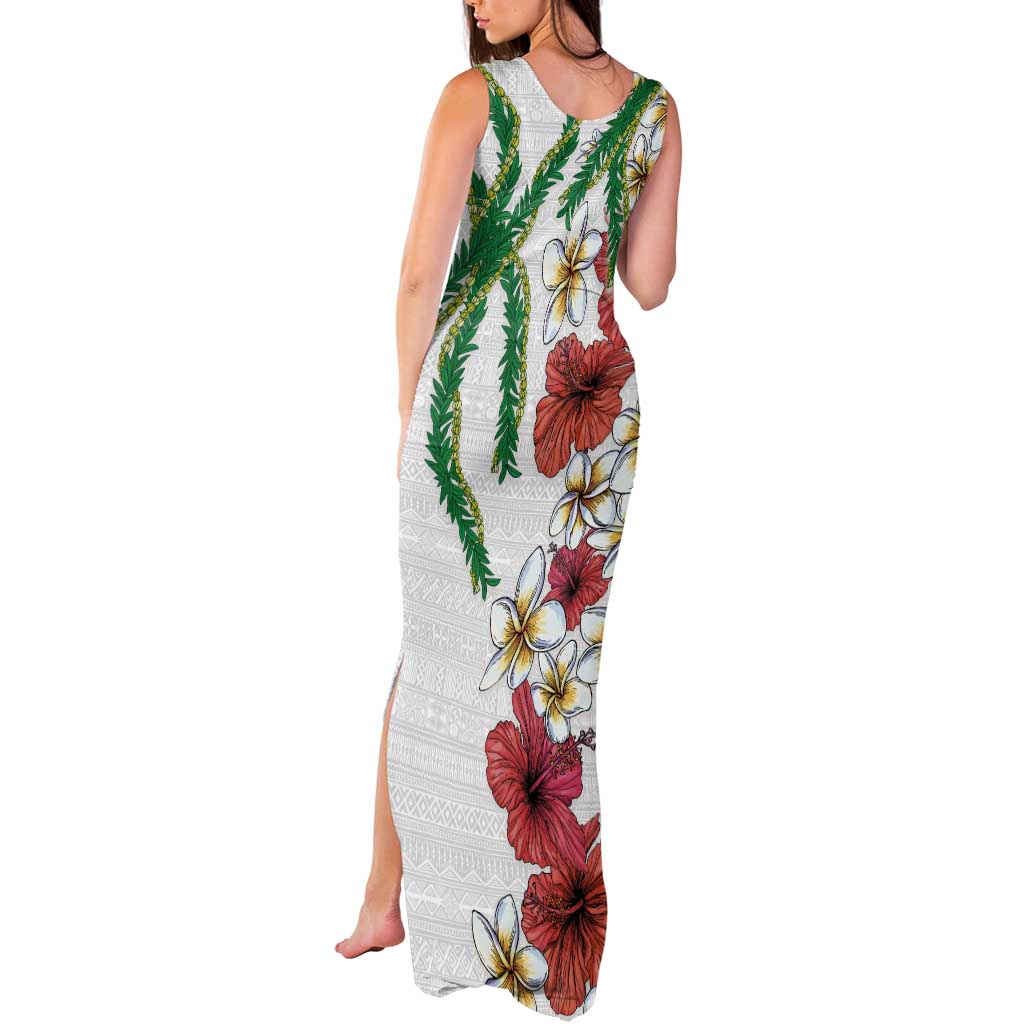 Hawaiian Tropical Flowers and Maile Pikake Tank Maxi Dress Polynesian Tribal Pattern White Color LT03 - Polynesian Pride