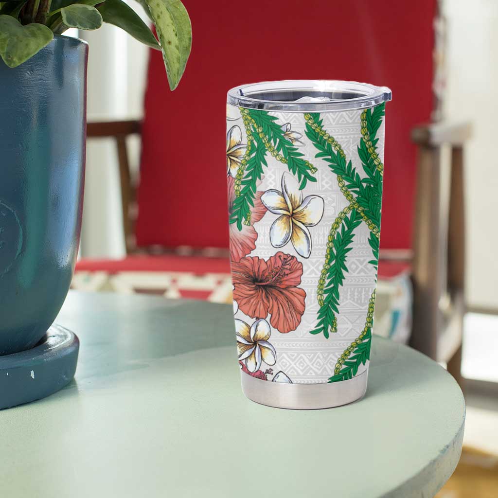 Hawaiian Tropical Flowers and Maile Pikake Tumbler Cup Polynesian Tribal Pattern White Color