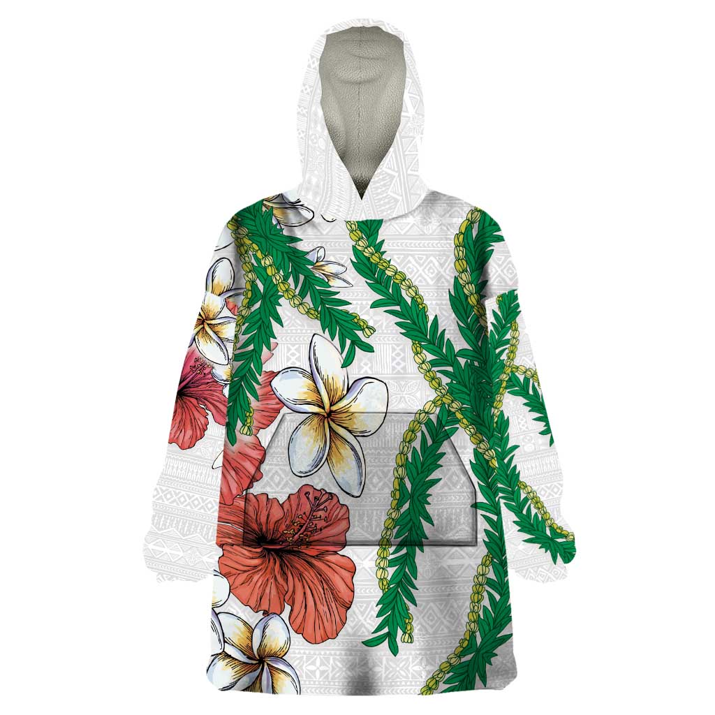 Hawaiian Tropical Flowers and Maile Pikake Wearable Blanket Hoodie Polynesian Tribal Pattern White Color