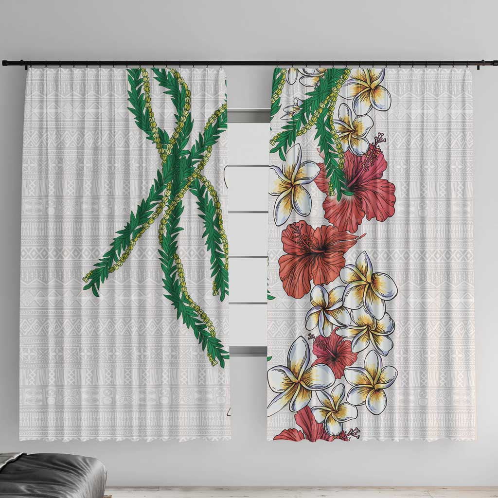 Hawaiian Tropical Flowers and Maile Pikake Window Curtain Polynesian Tribal Pattern White Color LT03 With Hooks White - Polynesian Pride