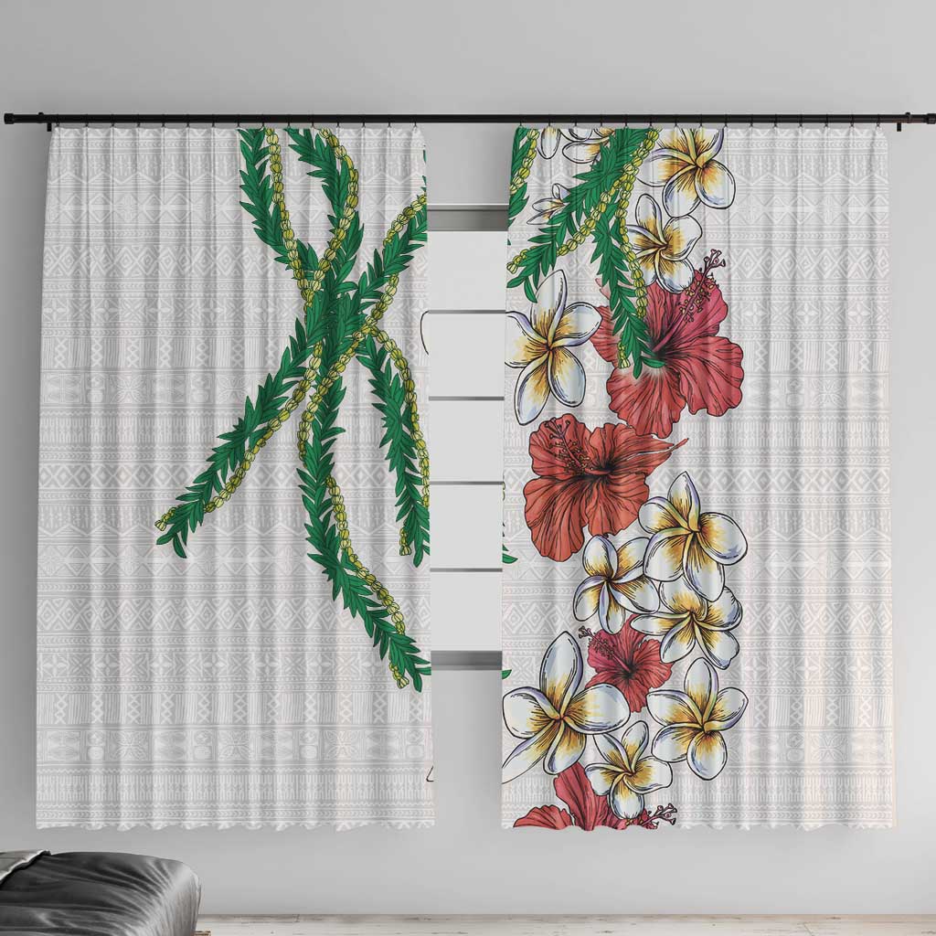 Hawaiian Tropical Flowers and Maile Pikake Window Curtain Polynesian Tribal Pattern White Color