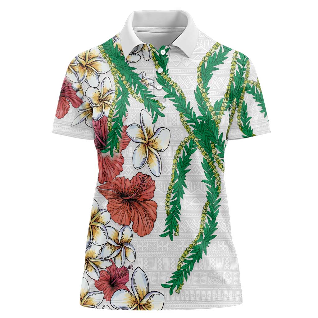 Hawaiian Tropical Flowers and Maile Pikake Women Polo Shirt Polynesian Tribal Pattern White Color