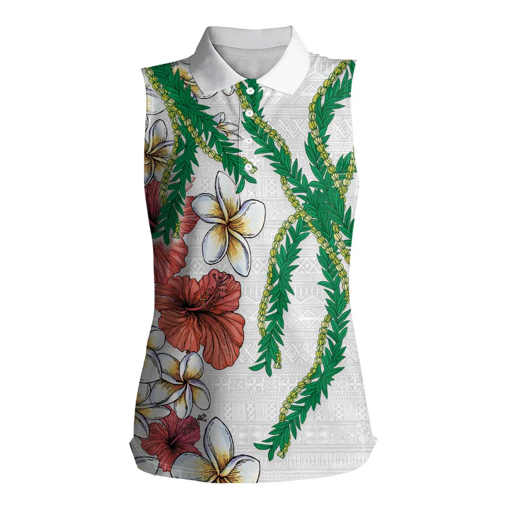 Hawaiian Tropical Flowers and Maile Pikake Women Sleeveless Polo Shirt Polynesian Tribal Pattern White Color