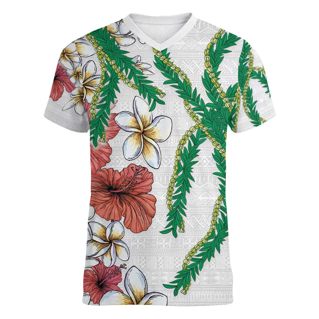 Hawaiian Tropical Flowers and Maile Pikake Women V-Neck T-Shirt Polynesian Tribal Pattern White Color