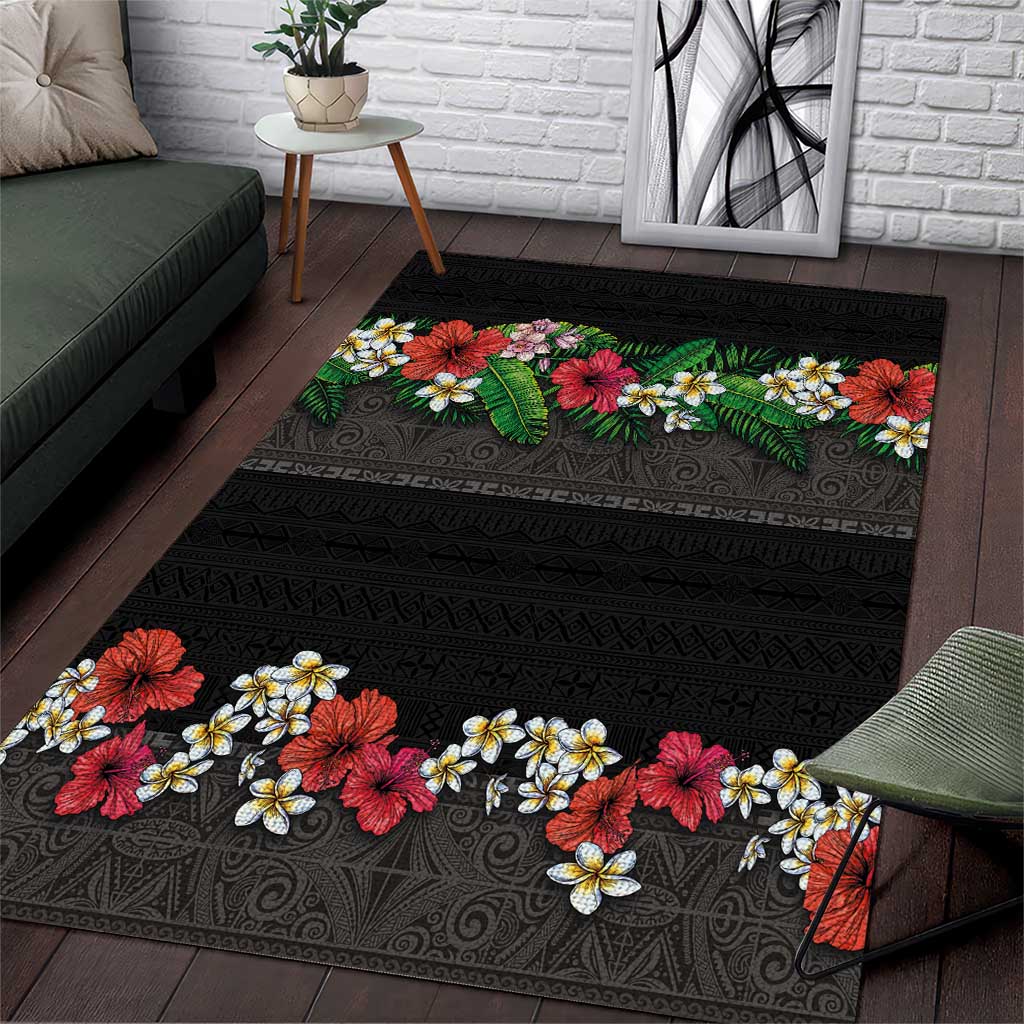 Hawaiian Tropical Flowers and Tribal Polynesian Tattoo Area Rug Black Color