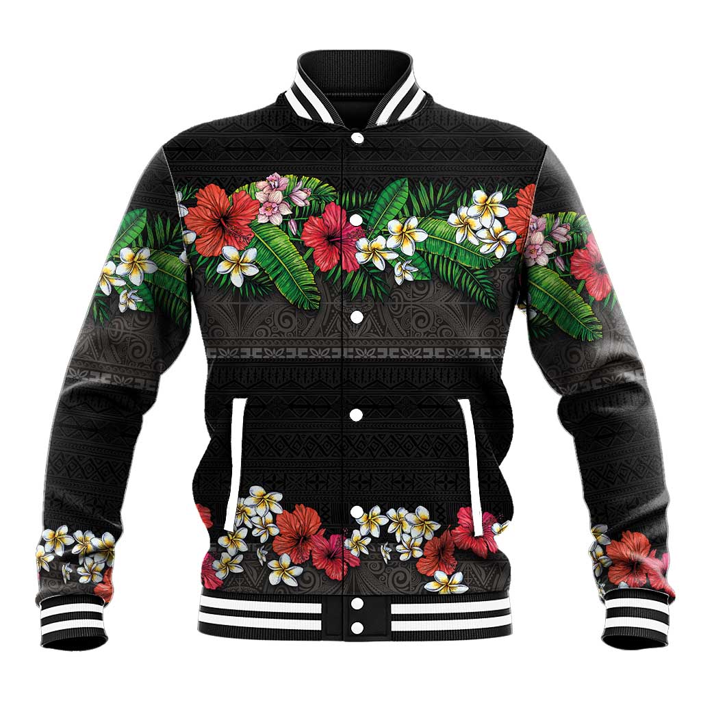 Hawaiian Tropical Flowers and Tribal Polynesian Tattoo Baseball Jacket Black Color LT03 Unisex Black - Polynesian Pride