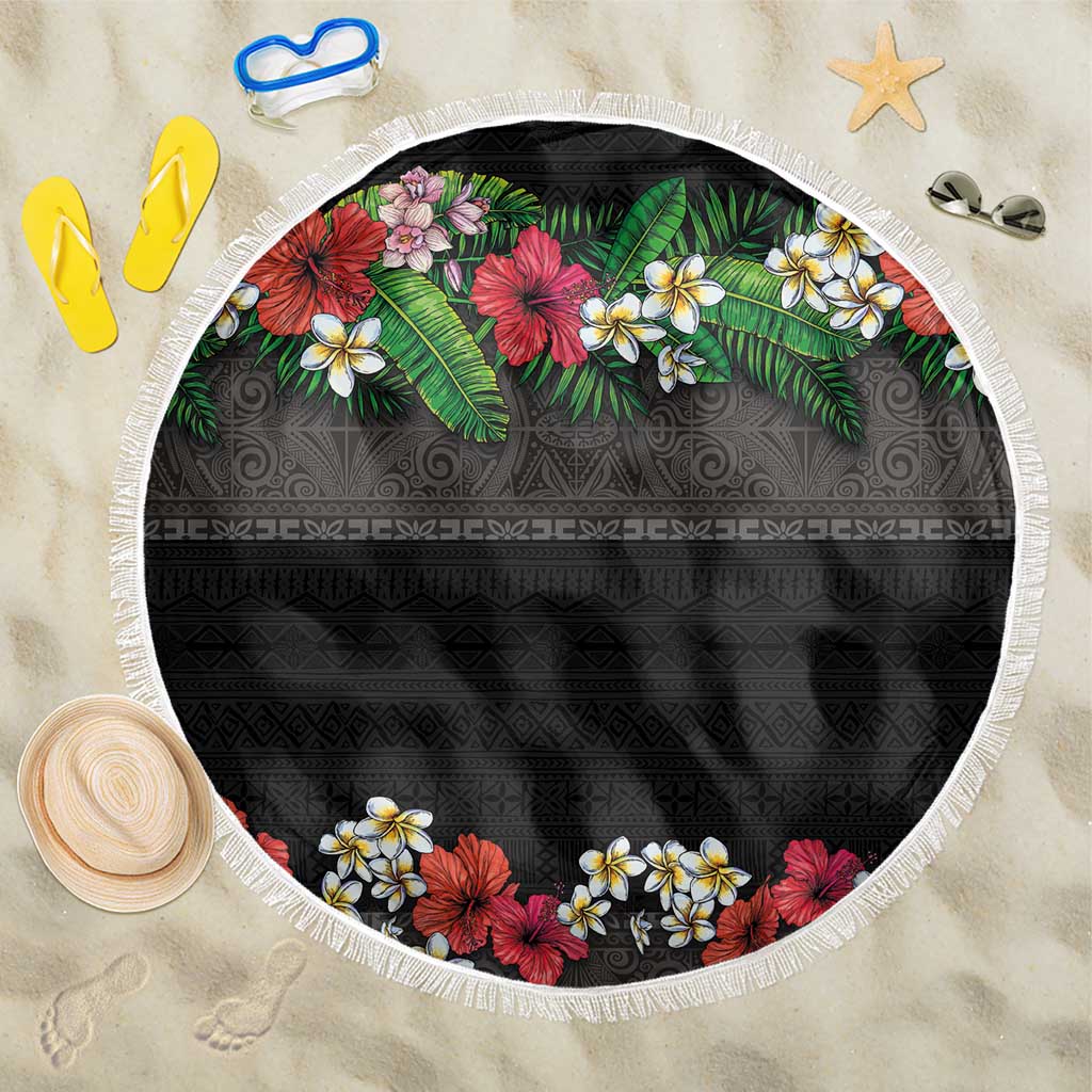 Hawaiian Tropical Flowers and Tribal Polynesian Tattoo Beach Blanket Black Color