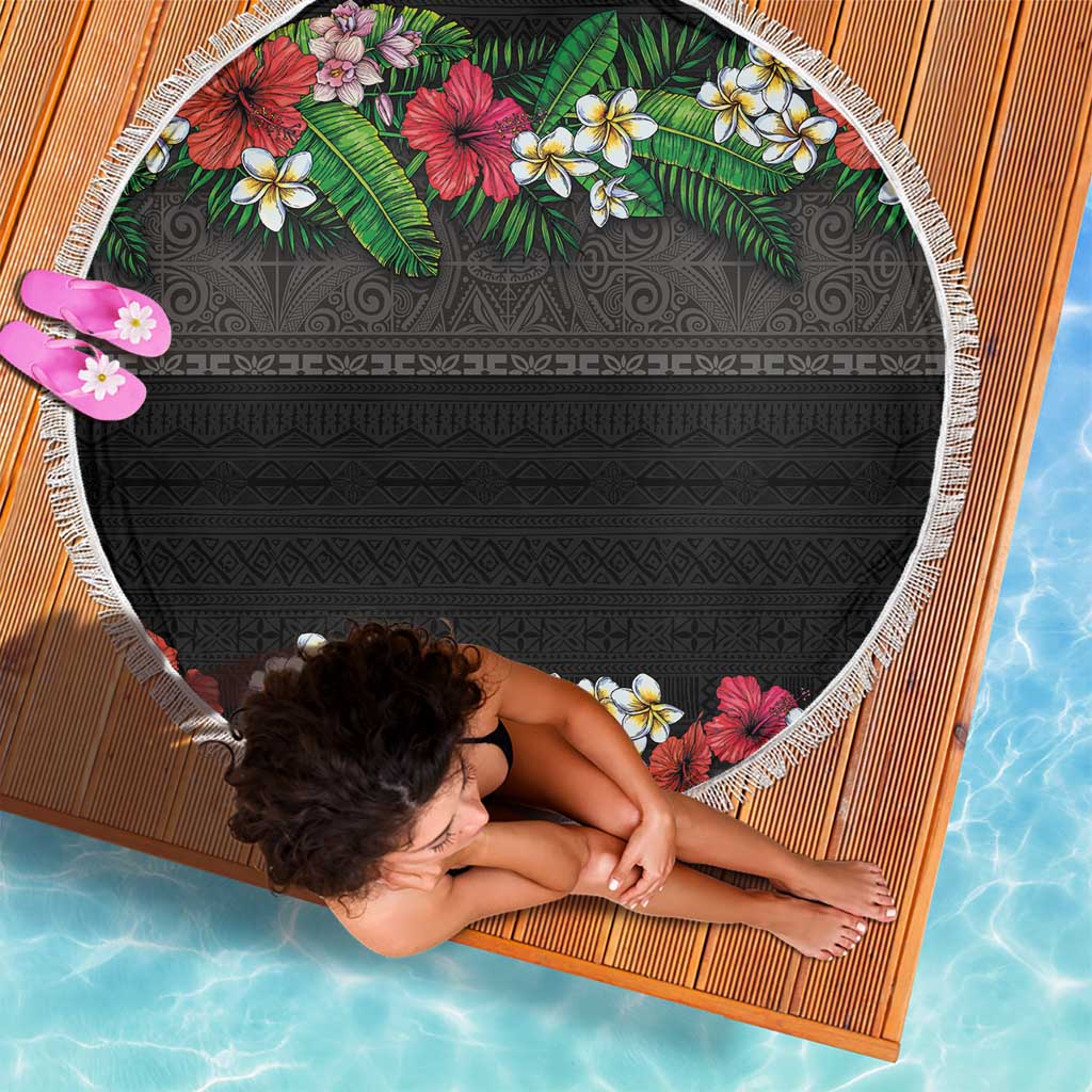 Hawaiian Tropical Flowers and Tribal Polynesian Tattoo Beach Blanket Black Color LT03 - Polynesian Pride