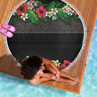 Hawaiian Tropical Flowers and Tribal Polynesian Tattoo Beach Blanket Black Color LT03 - Polynesian Pride