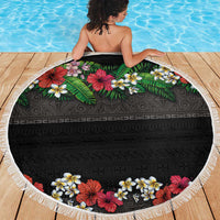 Hawaiian Tropical Flowers and Tribal Polynesian Tattoo Beach Blanket Black Color LT03 - Polynesian Pride
