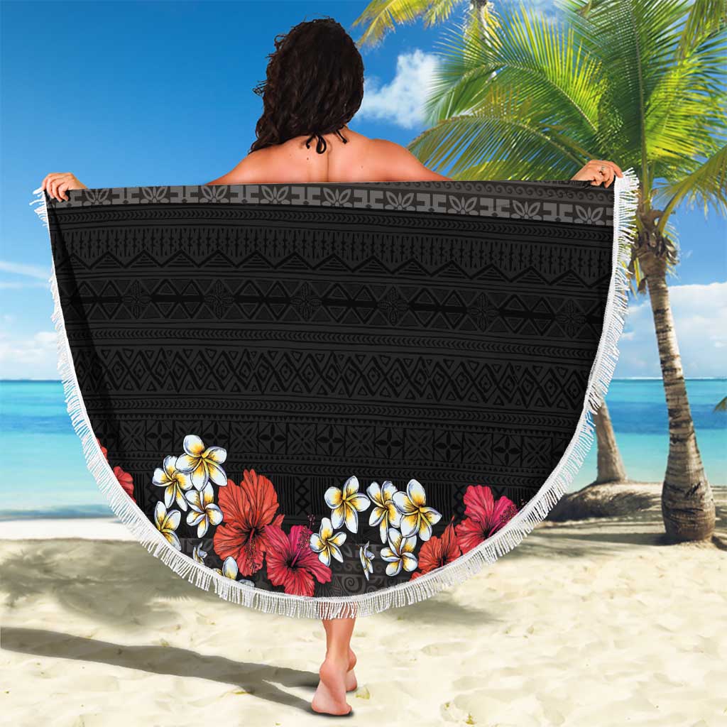 Hawaiian Tropical Flowers and Tribal Polynesian Tattoo Beach Blanket Black Color LT03 - Polynesian Pride