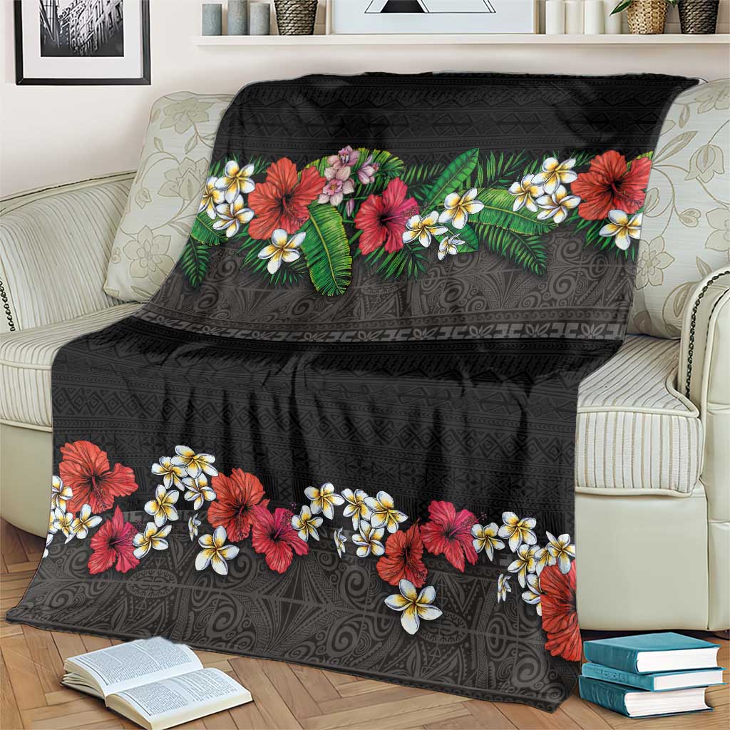 Hawaiian Tropical Flowers and Tribal Polynesian Tattoo Blanket Black Color LT03 - Polynesian Pride