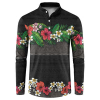Hawaiian Tropical Flowers and Tribal Polynesian Tattoo Button Sweatshirt Black Color LT03 Black - Polynesian Pride