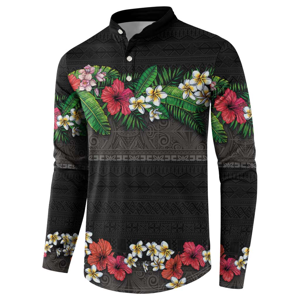 Hawaiian Tropical Flowers and Tribal Polynesian Tattoo Button Sweatshirt Black Color LT03 - Polynesian Pride