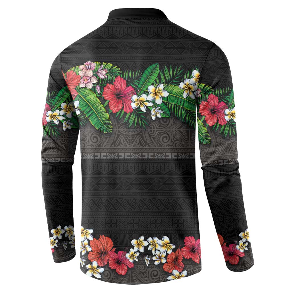 Hawaiian Tropical Flowers and Tribal Polynesian Tattoo Button Sweatshirt Black Color LT03 - Polynesian Pride