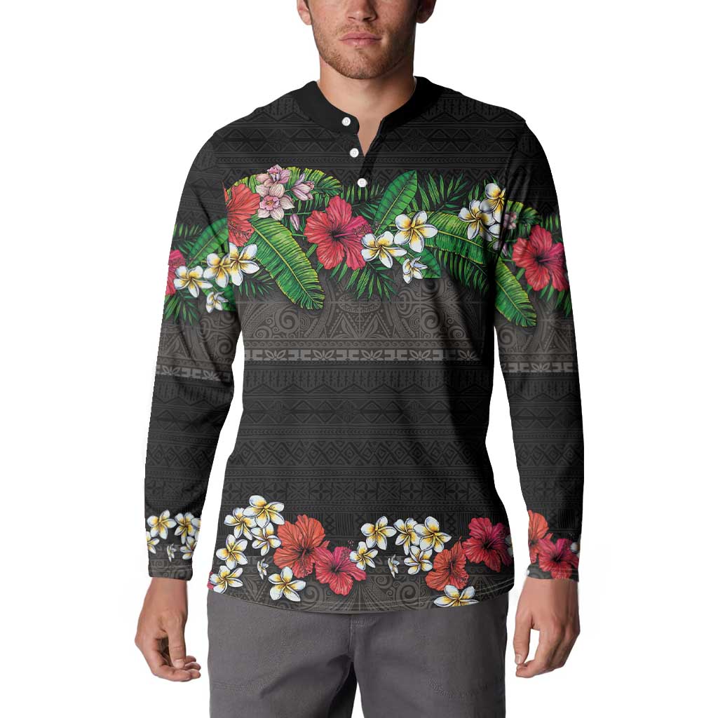 Hawaiian Tropical Flowers and Tribal Polynesian Tattoo Button Sweatshirt Black Color LT03 - Polynesian Pride