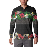 Hawaiian Tropical Flowers and Tribal Polynesian Tattoo Button Sweatshirt Black Color LT03 - Polynesian Pride