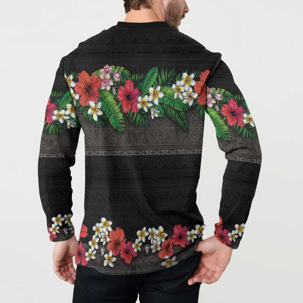 Hawaiian Tropical Flowers and Tribal Polynesian Tattoo Button Sweatshirt Black Color LT03 - Polynesian Pride