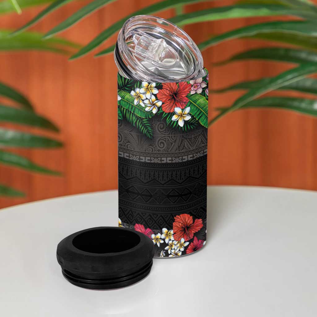Hawaiian Tropical Flowers and Tribal Polynesian Tattoo 4 in 1 Can Cooler Tumbler Black Color
