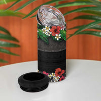Hawaiian Tropical Flowers and Tribal Polynesian Tattoo 4 in 1 Can Cooler Tumbler Black Color
