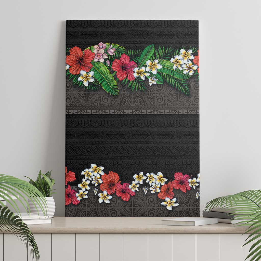 Hawaiian Tropical Flowers and Tribal Polynesian Tattoo Canvas Wall Art Black Color LT03 - Polynesian Pride