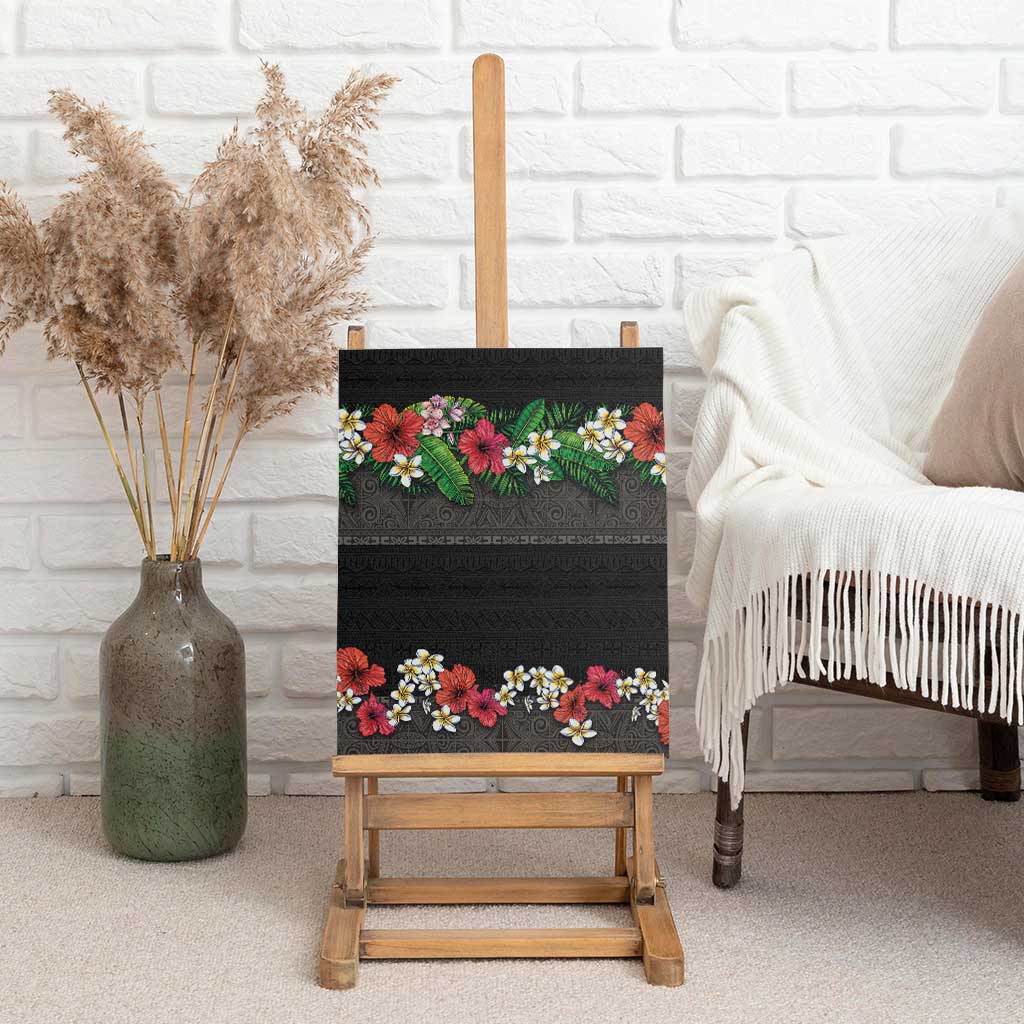 Hawaiian Tropical Flowers and Tribal Polynesian Tattoo Canvas Wall Art Black Color LT03 - Polynesian Pride
