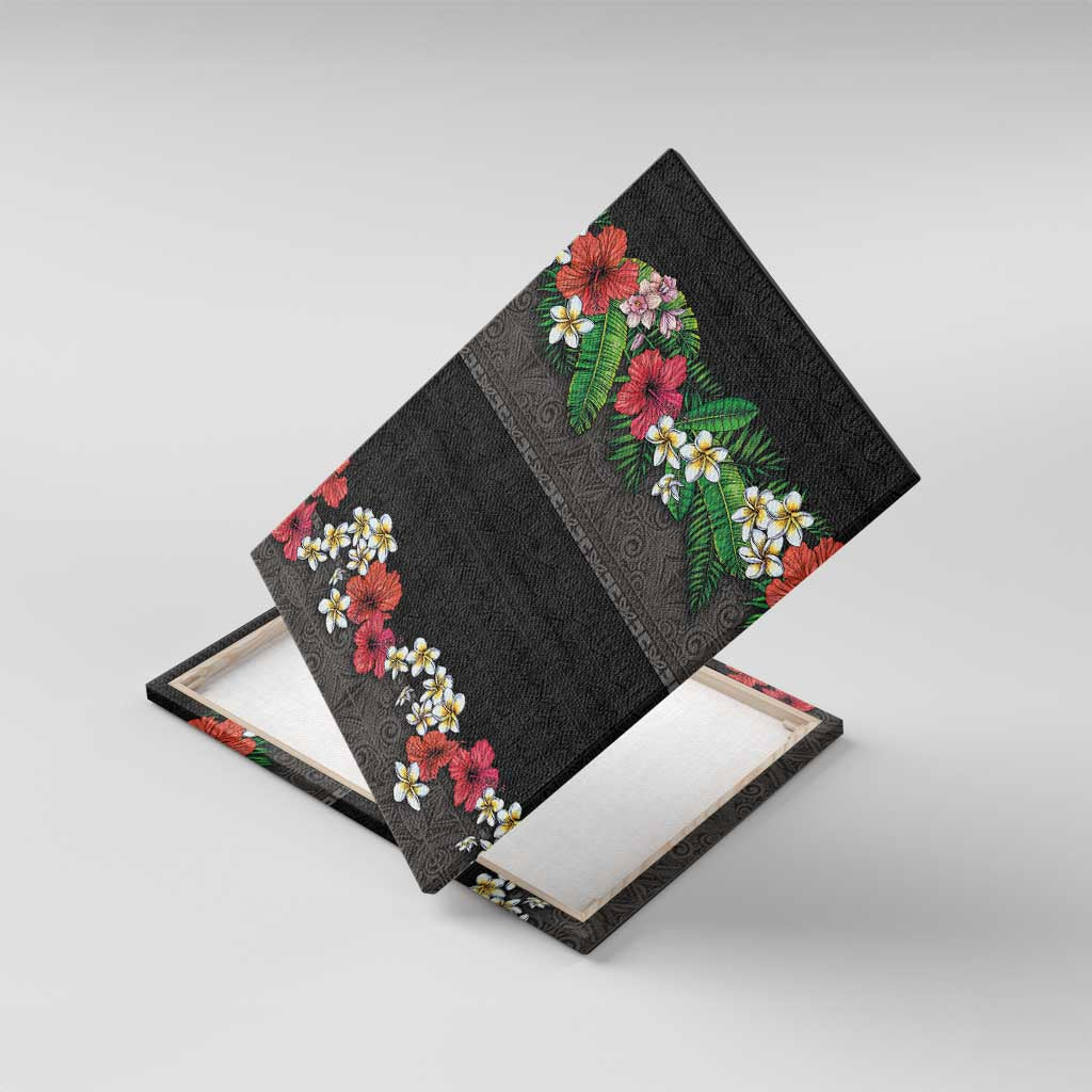 Hawaiian Tropical Flowers and Tribal Polynesian Tattoo Canvas Wall Art Black Color LT03 With Frame Black - Polynesian Pride
