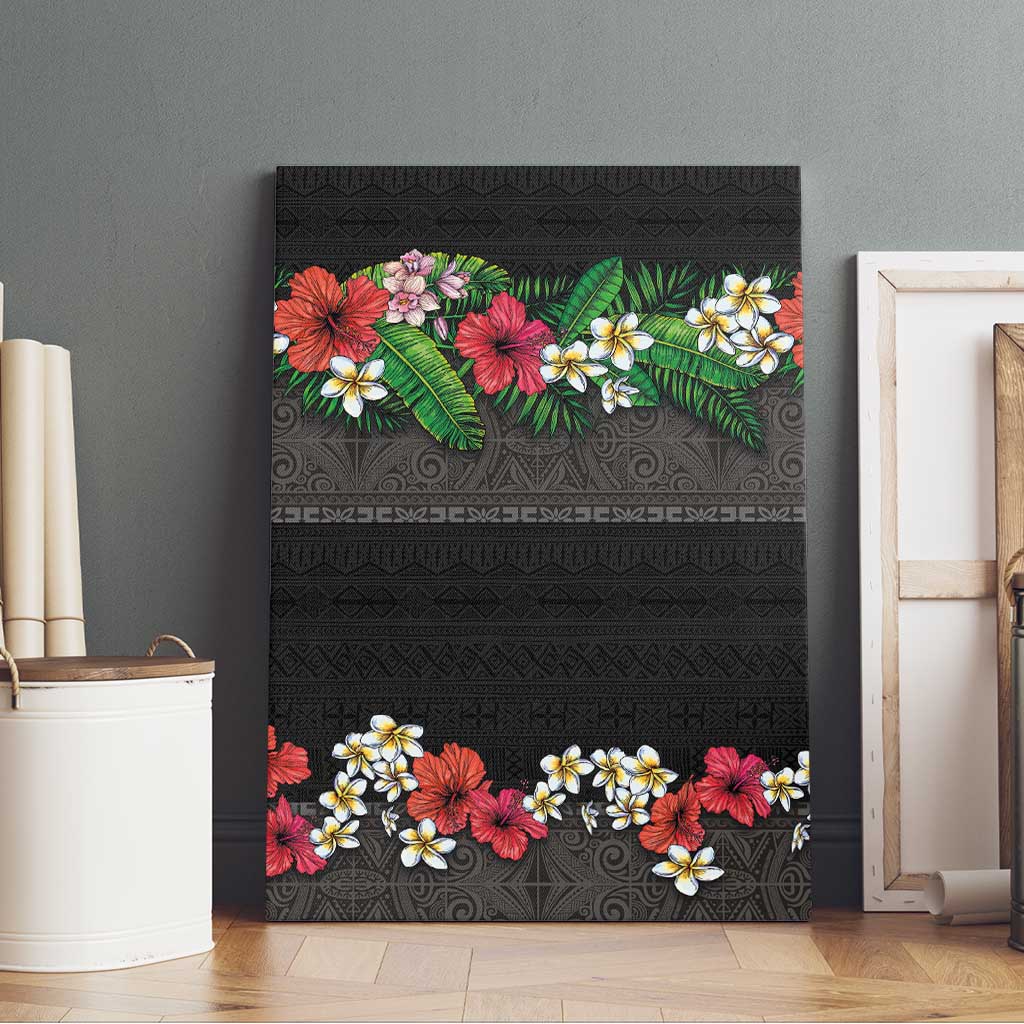 Hawaiian Tropical Flowers and Tribal Polynesian Tattoo Canvas Wall Art Black Color LT03 - Polynesian Pride