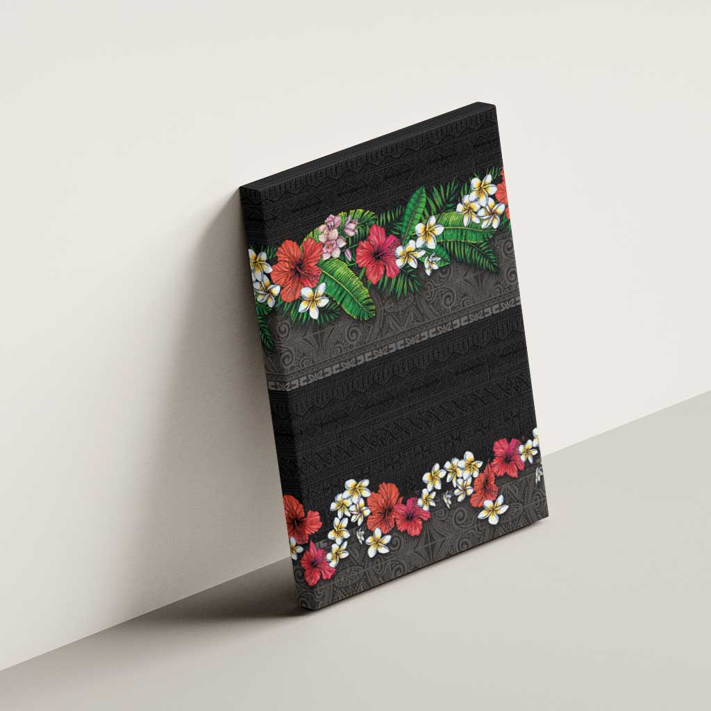 Hawaiian Tropical Flowers and Tribal Polynesian Tattoo Canvas Wall Art Black Color LT03 - Polynesian Pride
