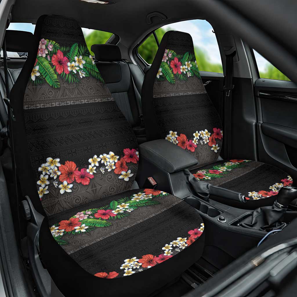 Hawaiian Tropical Flowers and Tribal Polynesian Tattoo Car Seat Cover Black Color