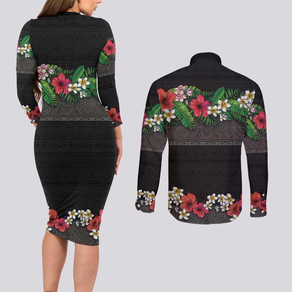 Hawaiian Tropical Flowers and Tribal Polynesian Tattoo Couples Matching Long Sleeve Bodycon Dress and Long Sleeve Button Shirt Black Color LT03 - Polynesian Pride