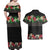 Hawaiian Tropical Flowers and Tribal Polynesian Tattoo Couples Matching Off Shoulder Maxi Dress and Hawaiian Shirt Black Color