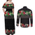 Hawaiian Tropical Flowers and Tribal Polynesian Tattoo Couples Matching Off Shoulder Maxi Dress and Long Sleeve Button Shirt Black Color