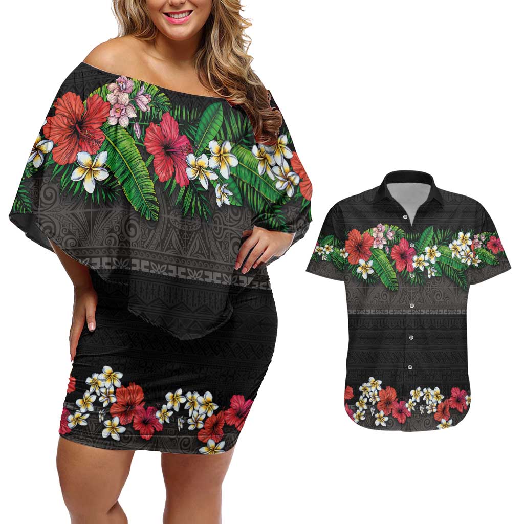 Hawaiian Tropical Flowers and Tribal Polynesian Tattoo Couples Matching Off Shoulder Short Dress and Hawaiian Shirt Black Color LT03 Black - Polynesian Pride