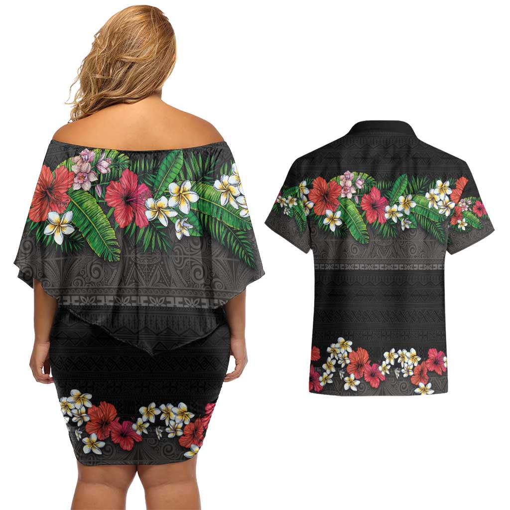 Hawaiian Tropical Flowers and Tribal Polynesian Tattoo Couples Matching Off Shoulder Short Dress and Hawaiian Shirt Black Color LT03 - Polynesian Pride