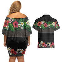 Hawaiian Tropical Flowers and Tribal Polynesian Tattoo Couples Matching Off Shoulder Short Dress and Hawaiian Shirt Black Color LT03 - Polynesian Pride