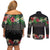 Hawaiian Tropical Flowers and Tribal Polynesian Tattoo Couples Matching Off Shoulder Short Dress and Long Sleeve Button Shirt Black Color LT03