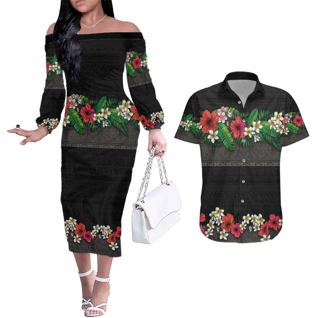 Hawaiian Tropical Flowers and Tribal Polynesian Tattoo Couples Matching Off The Shoulder Long Sleeve Dress and Hawaiian Shirt Black Color
