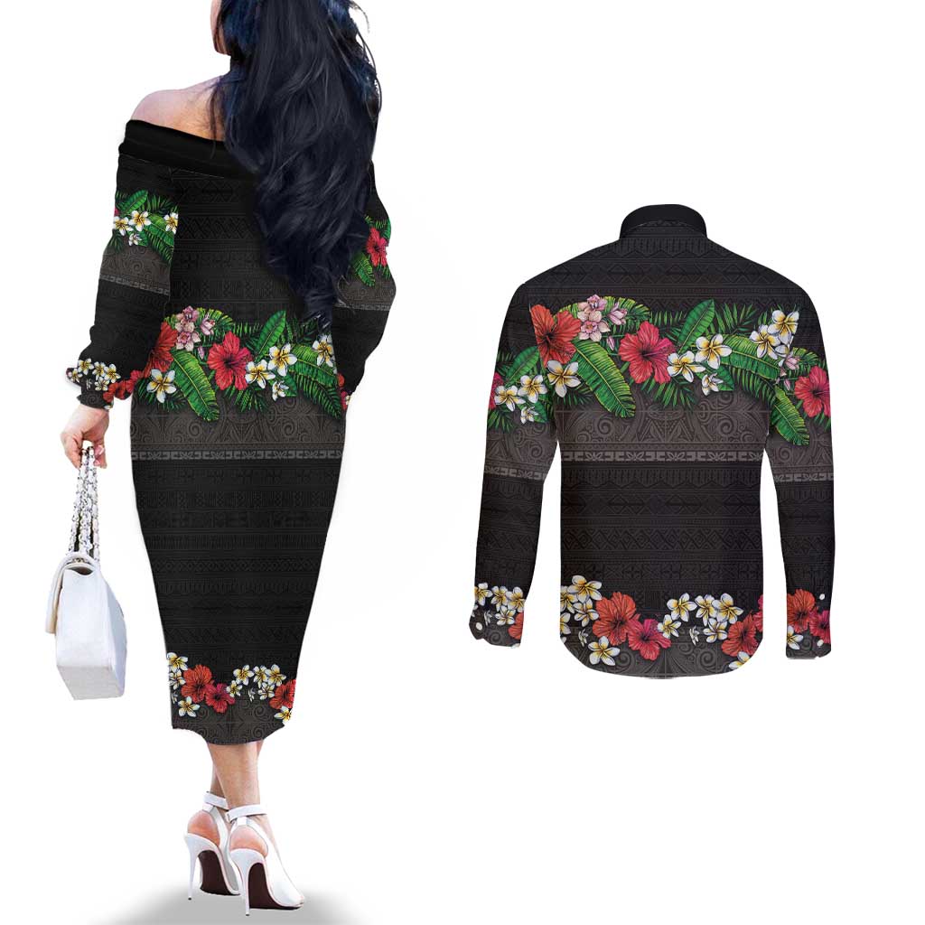 Hawaiian Tropical Flowers and Tribal Polynesian Tattoo Couples Matching Off The Shoulder Long Sleeve Dress and Long Sleeve Button Shirt Black Color LT03 - Polynesian Pride