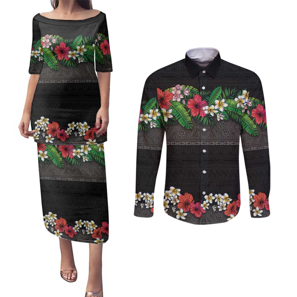 Hawaiian Tropical Flowers and Tribal Polynesian Tattoo Couples Matching Puletasi and Long Sleeve Button Shirt Black Color LT03 Black - Polynesian Pride