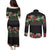 Hawaiian Tropical Flowers and Tribal Polynesian Tattoo Couples Matching Puletasi and Long Sleeve Button Shirt Black Color