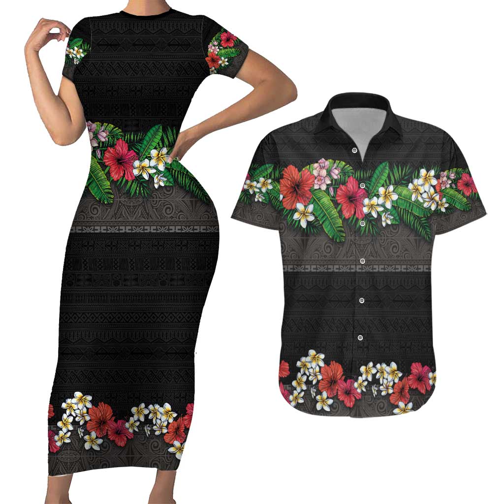 Hawaiian Tropical Flowers and Tribal Polynesian Tattoo Couples Matching Short Sleeve Bodycon Dress and Hawaiian Shirt Black Color