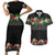 Hawaiian Tropical Flowers and Tribal Polynesian Tattoo Couples Matching Short Sleeve Bodycon Dress and Hawaiian Shirt Black Color