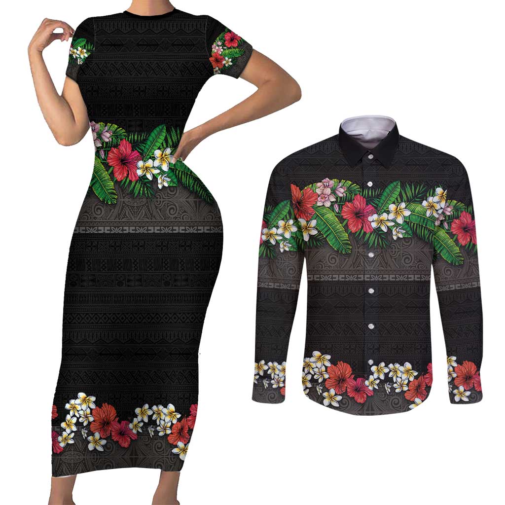 Hawaiian Tropical Flowers and Tribal Polynesian Tattoo Couples Matching Short Sleeve Bodycon Dress and Long Sleeve Button Shirt Black Color