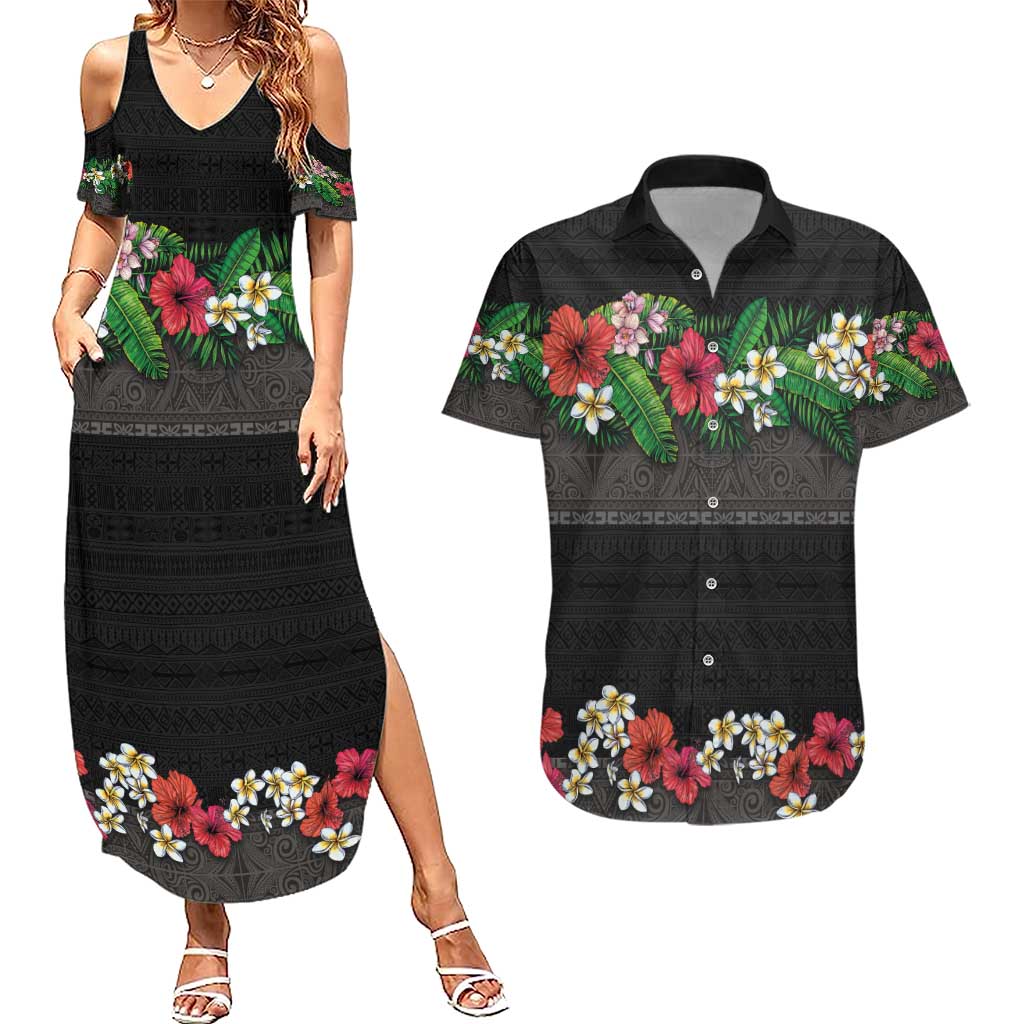 Hawaiian Tropical Flowers and Tribal Polynesian Tattoo Couples Matching Summer Maxi Dress and Hawaiian Shirt Black Color LT03 Black - Polynesian Pride