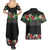 Hawaiian Tropical Flowers and Tribal Polynesian Tattoo Couples Matching Summer Maxi Dress and Hawaiian Shirt Black Color