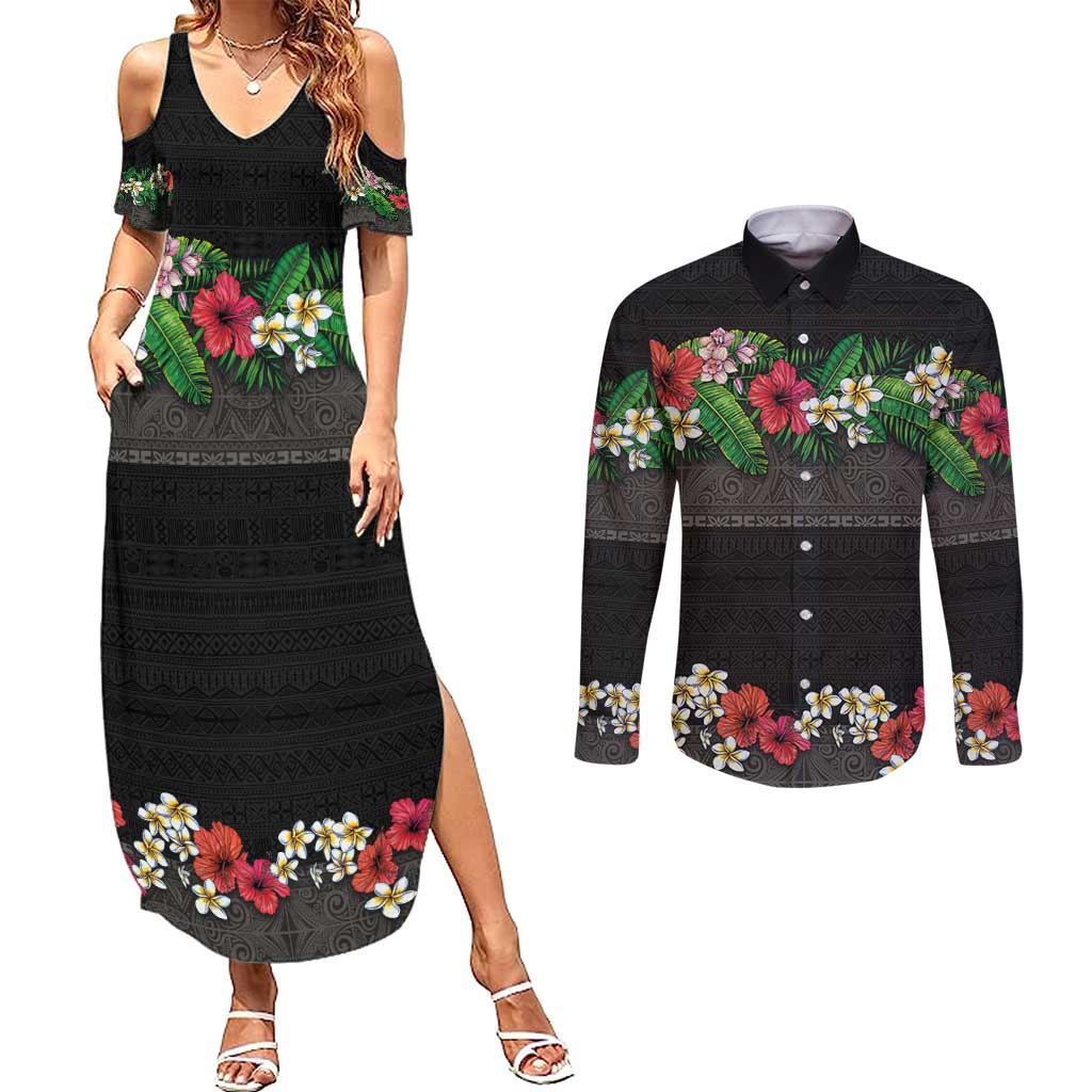 Hawaiian Tropical Flowers and Tribal Polynesian Tattoo Couples Matching Summer Maxi Dress and Long Sleeve Button Shirt Black Color