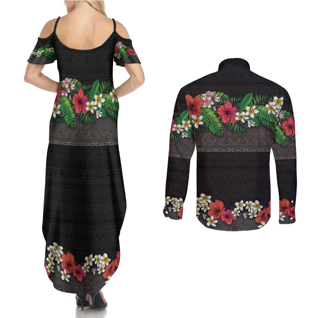 Hawaiian Tropical Flowers and Tribal Polynesian Tattoo Couples Matching Summer Maxi Dress and Long Sleeve Button Shirt Black Color